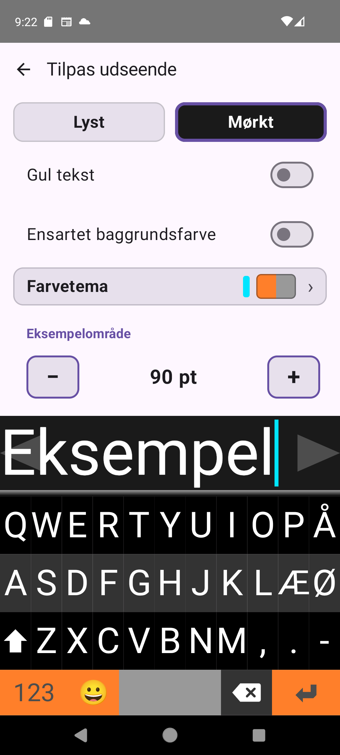 Viskeys skærmbillede for indstillinger af udseende med tema-, farve- og skriftstørrelseskontrol