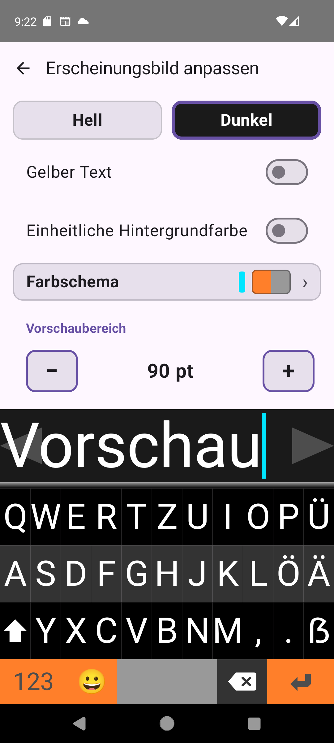 Viskey-Einstellungsansicht für Erscheinungsbild mit Design-, Farb- und Schriftgrößenreglern