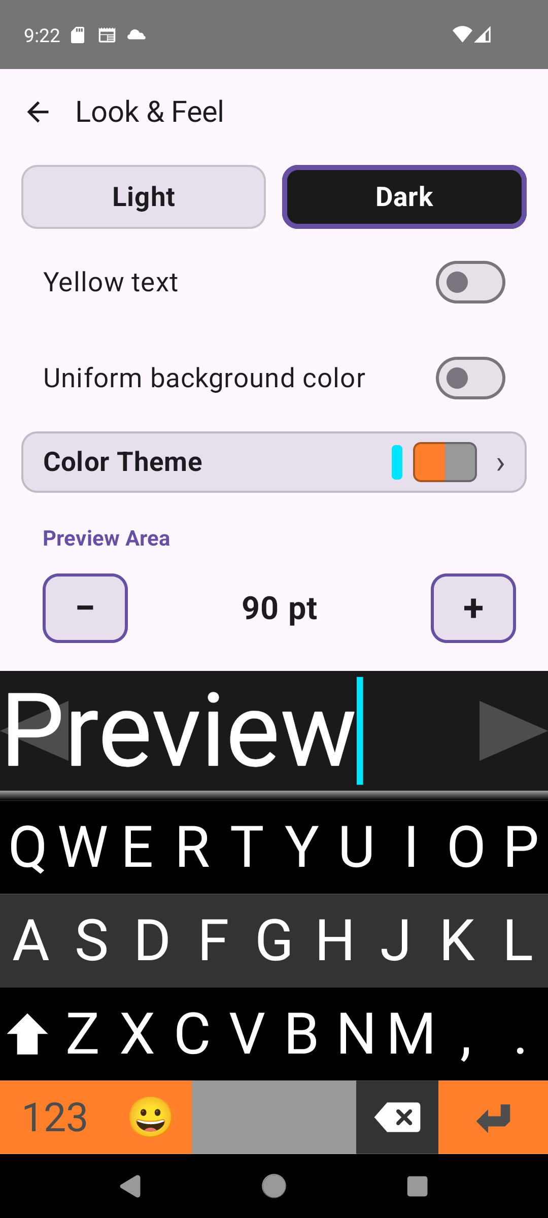 Viskey Look and Feel settings screen showing theme, color, and preview font size controls