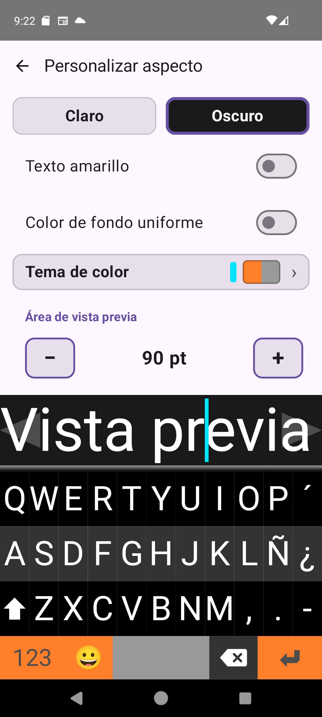 Pantalla de ajustes de apariencia de Viskey mostrando controles de tema, color y tamaño de fuente