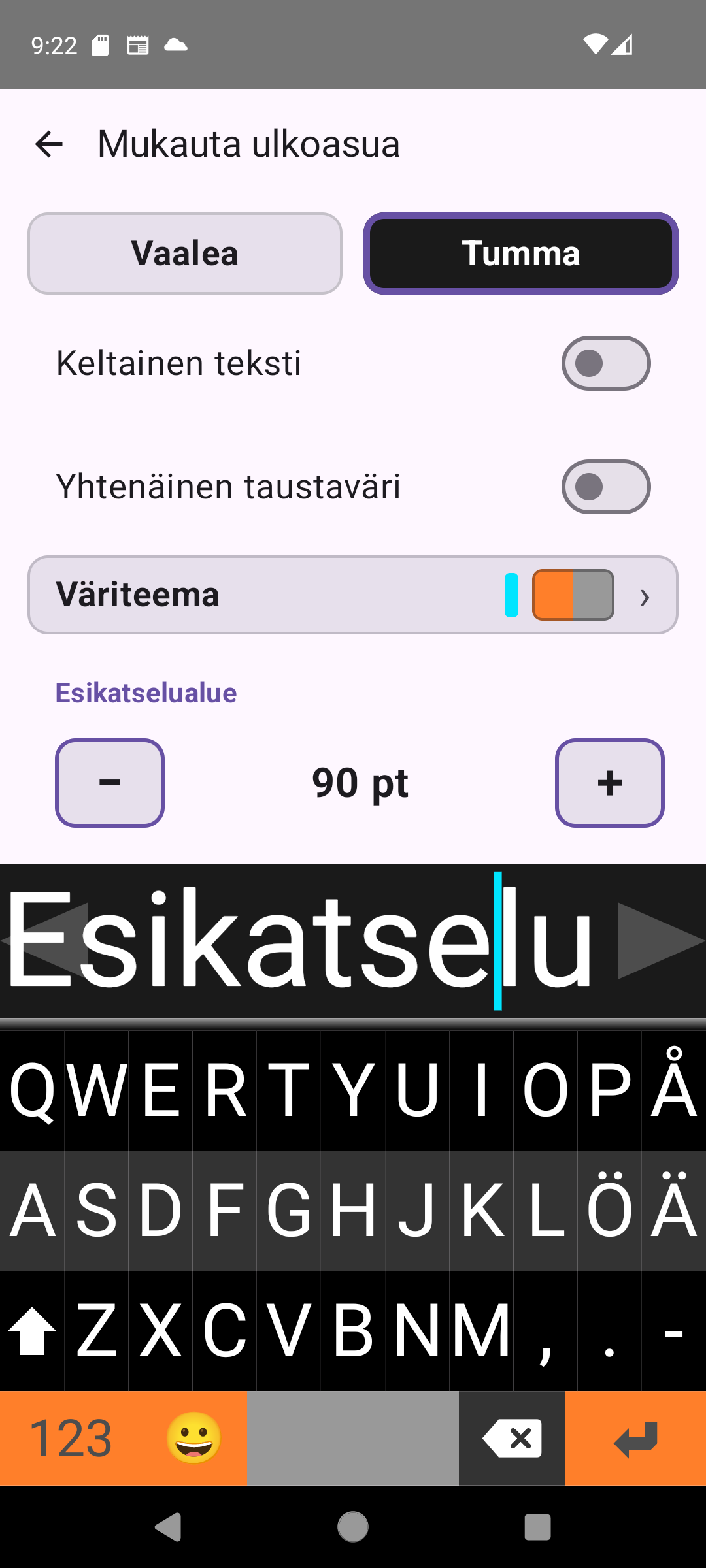 Viskeyn ulkoasuasetusten näyttö, jossa teema-, väri- ja tekstikoon säätimet