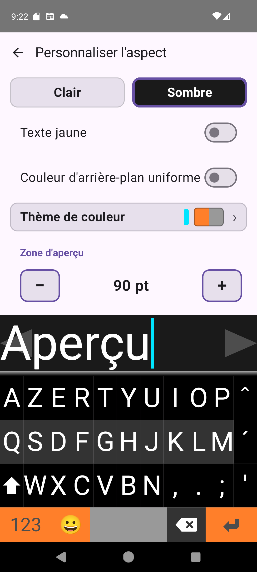 Écran des réglages d'apparence de Viskey avec commandes de thème, couleur et taille de police