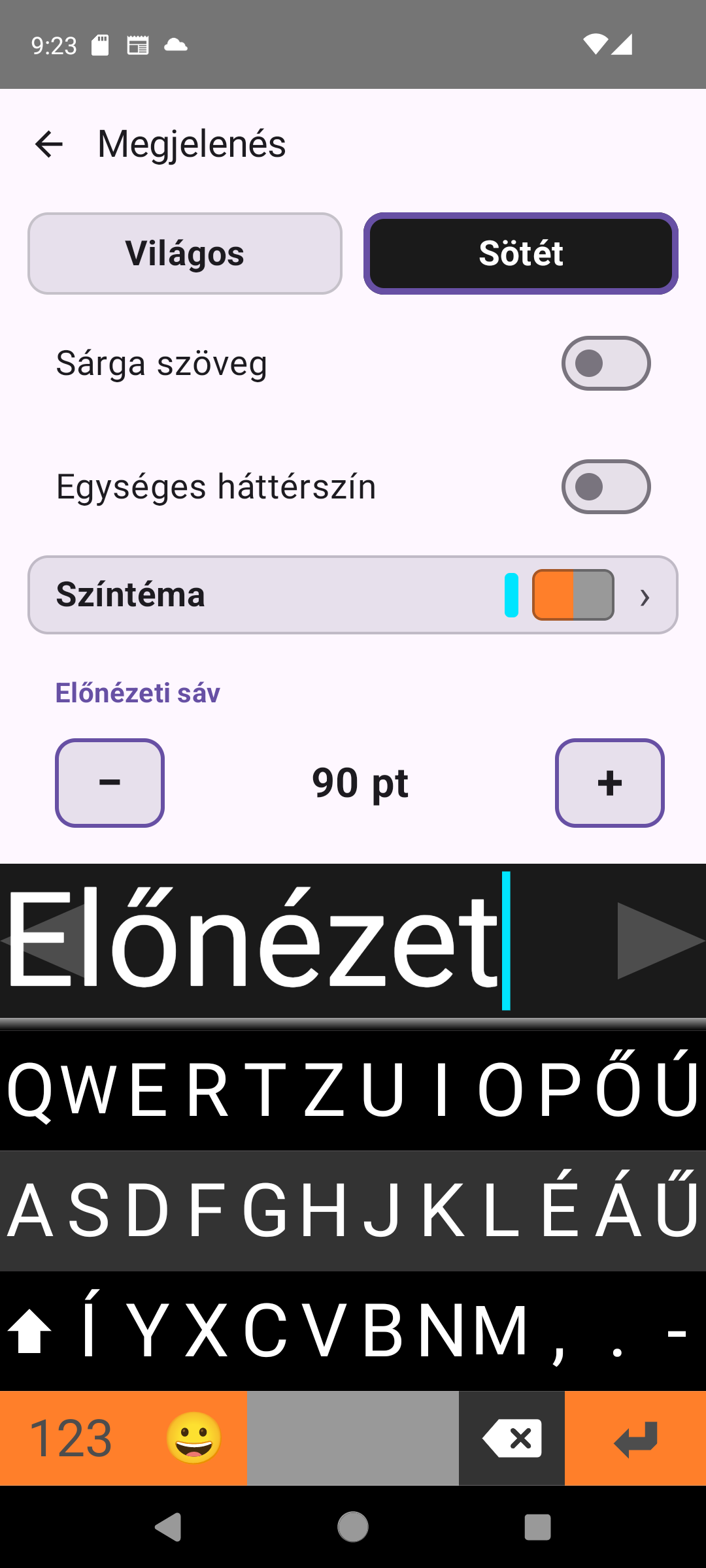 A Viskey Megjelenés beállítási képernyője a téma-, szín- és szövegméret-szabályozókkal