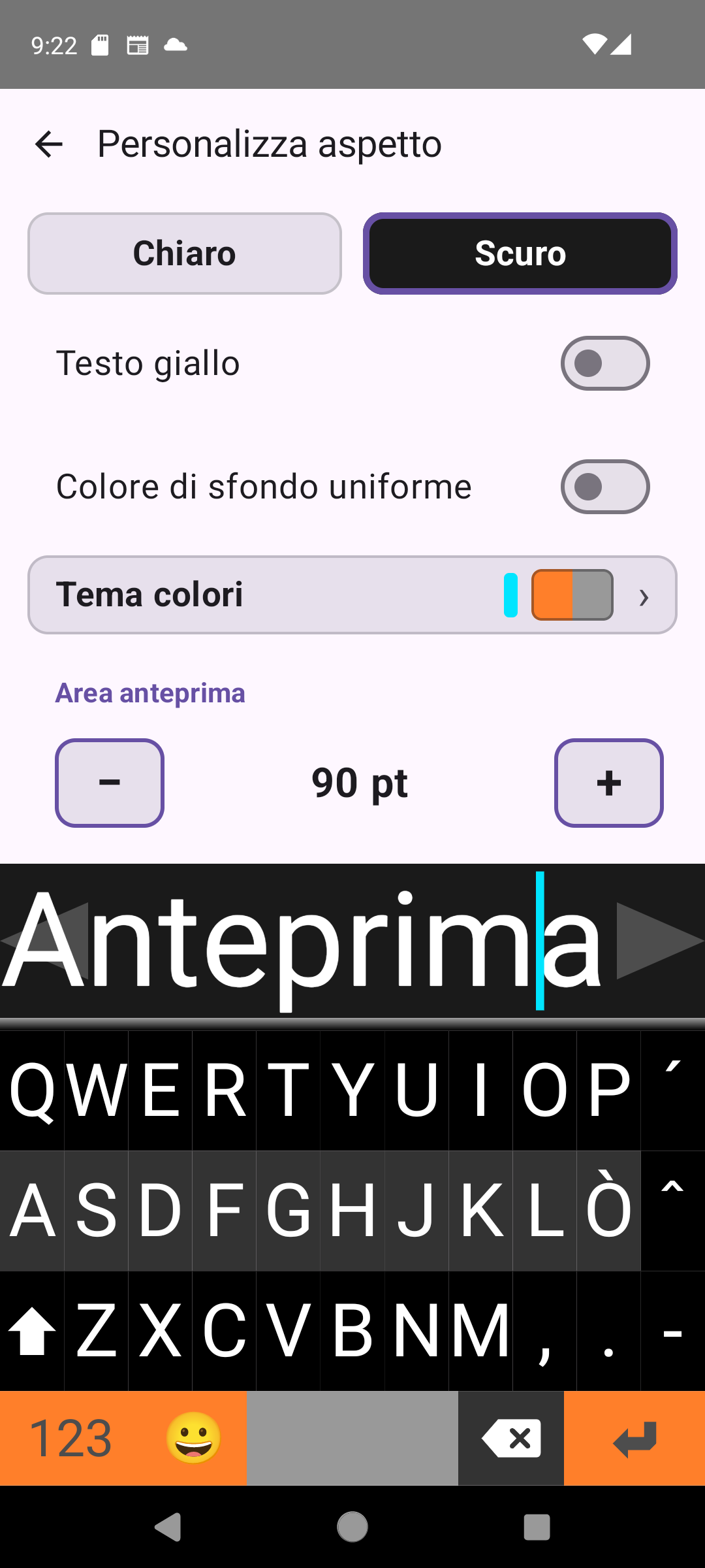 Schermata delle impostazioni di aspetto di Viskey con controlli per tema, colore e dimensione del font