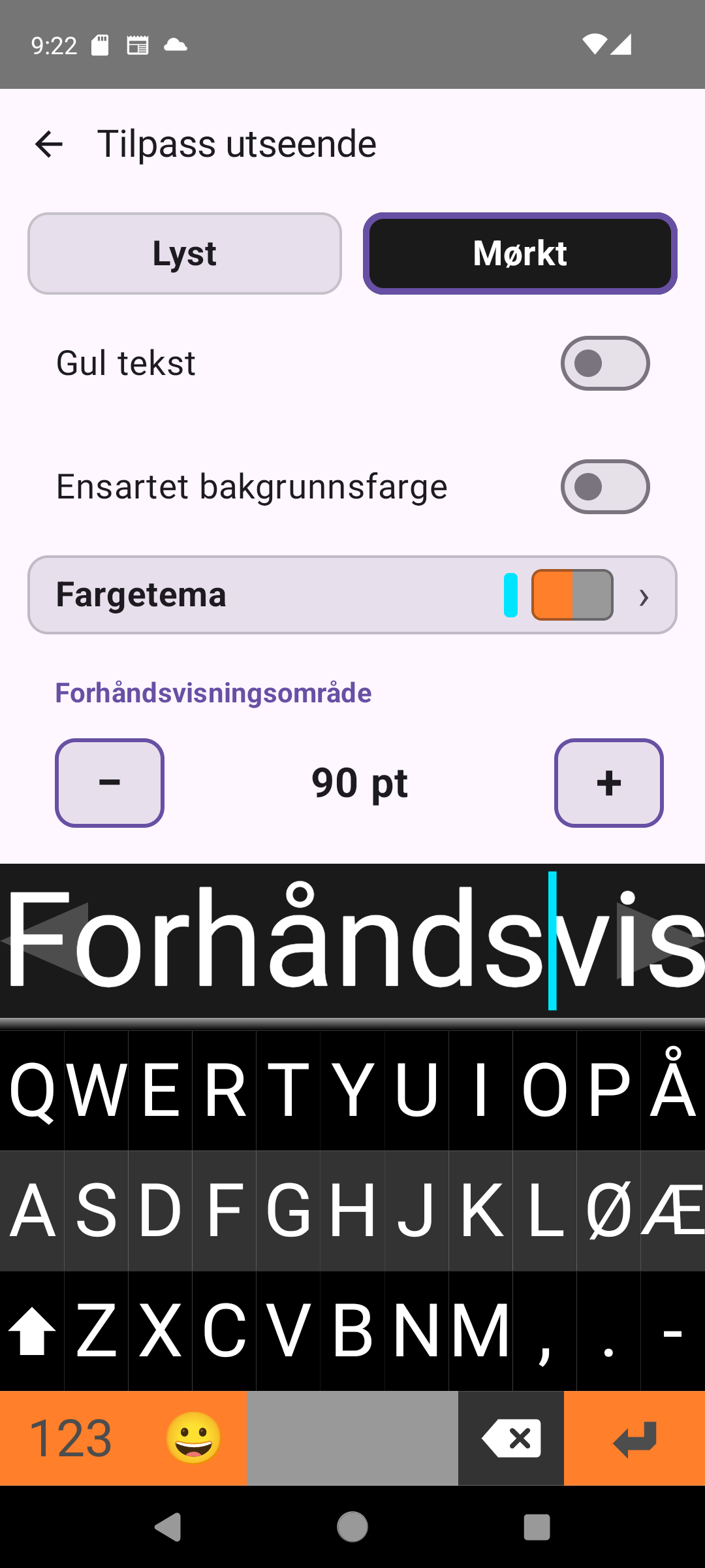 Viskeys innstillingsskjerm for utseende med kontroller for tema, farge og skriftstørrelse