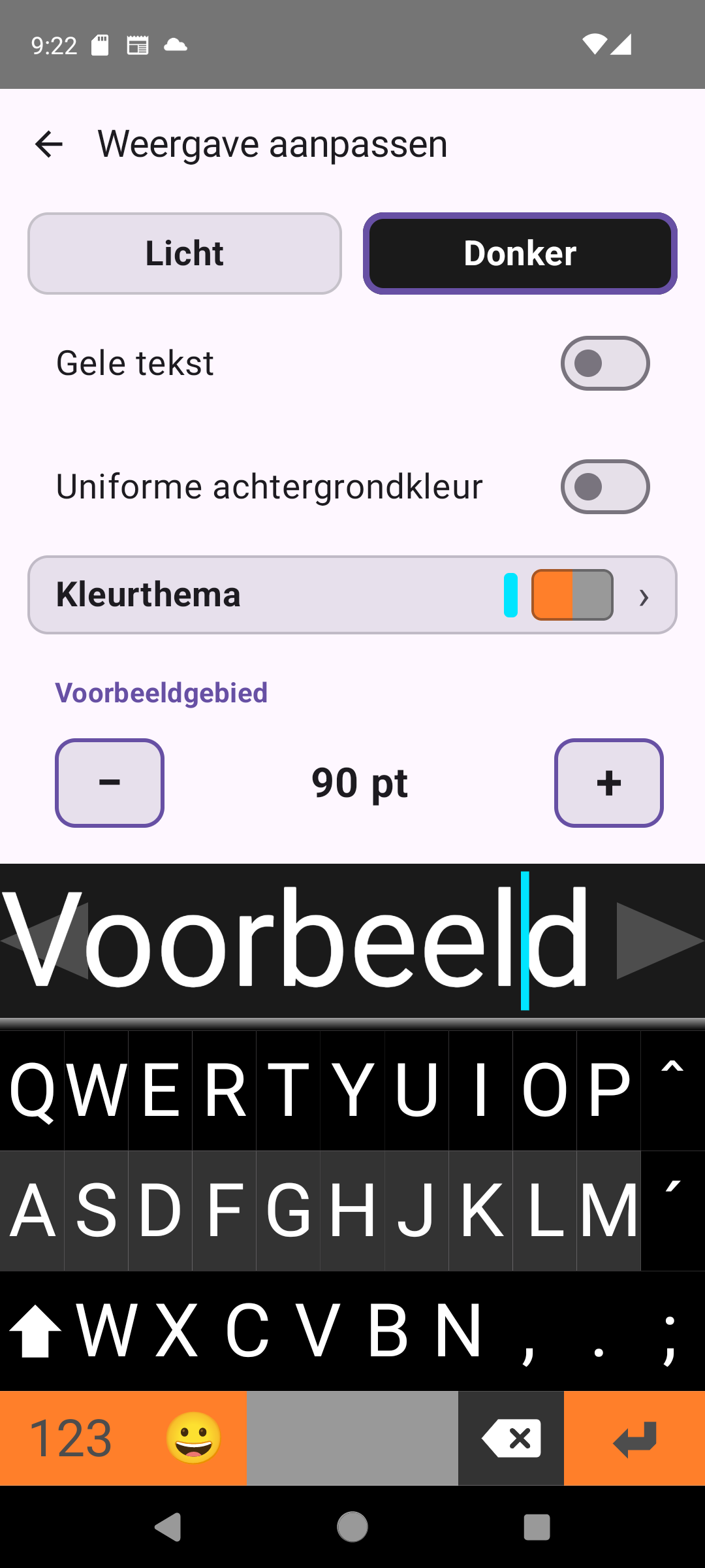 Viskey weergave-instellingen met regelaars voor thema, kleur en lettergrootte