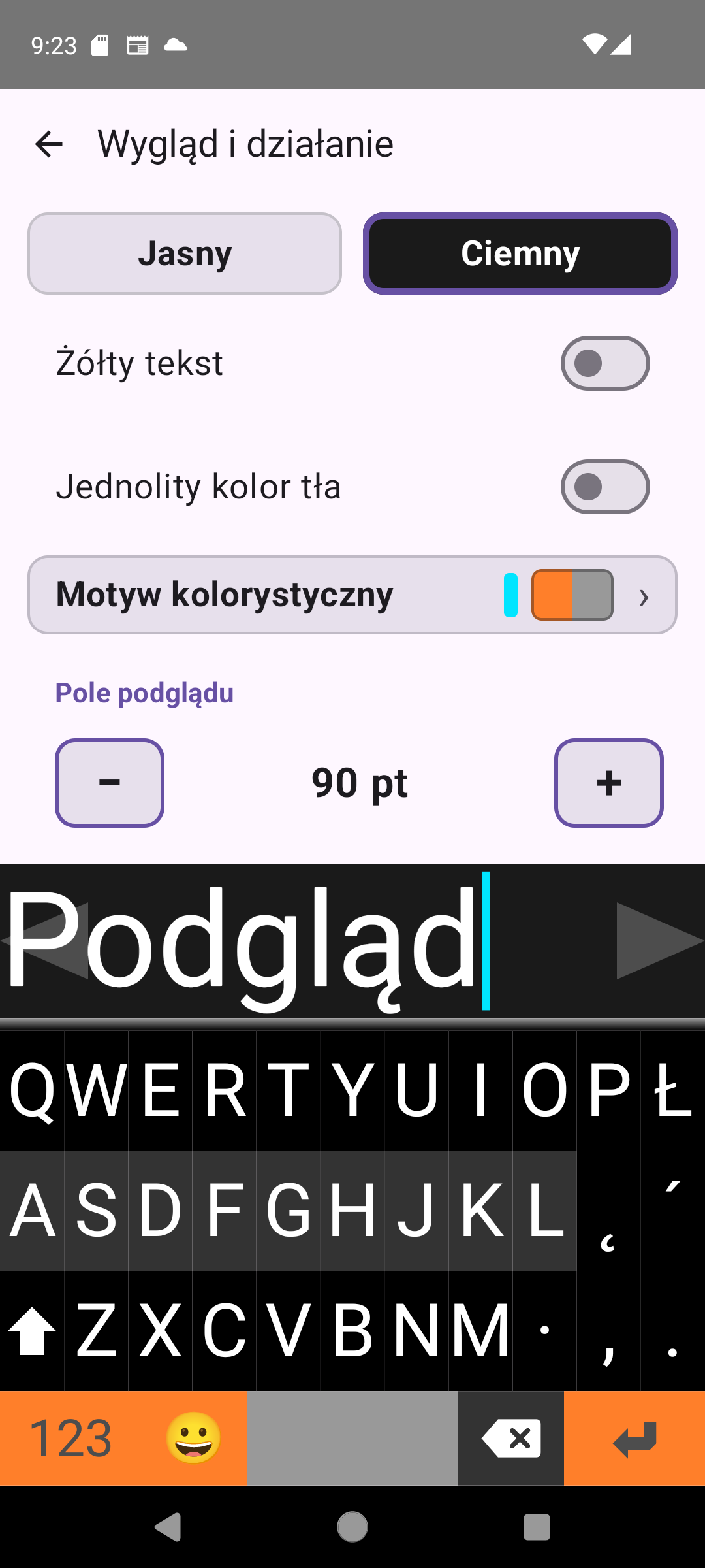 Ekran ustawień wyglądu Viskey z kontrolkami motywu, koloru i rozmiaru czcionki podglądu