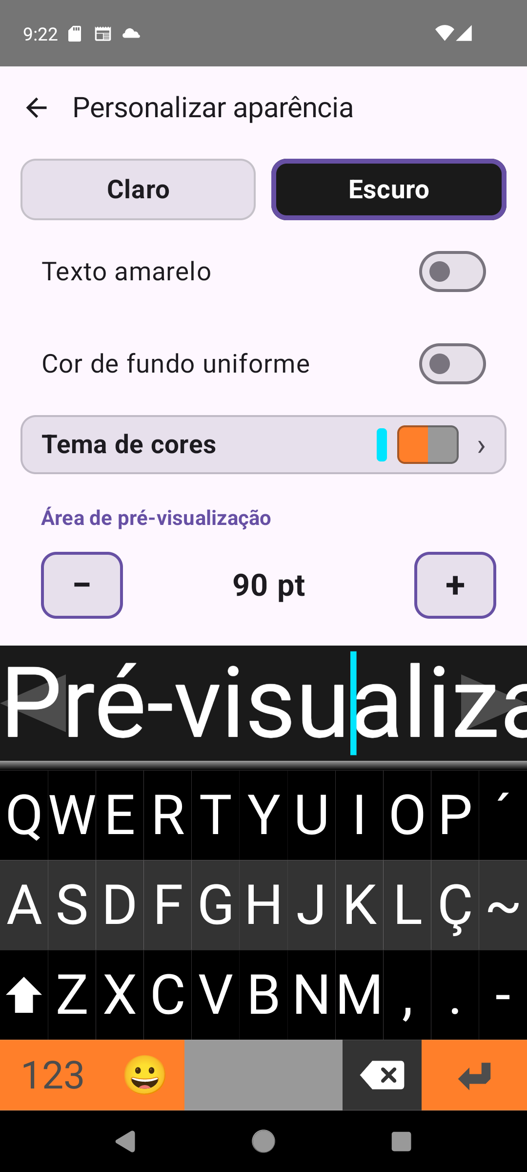 Ecrã de ajustes visuais do Viskey com controlos de tema, cor e tamanho de fonte