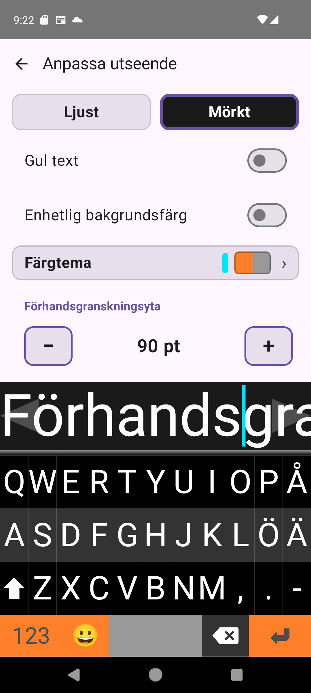 Viskeys inställningsskärm för utseende med reglage för tema, färg och textstorlek