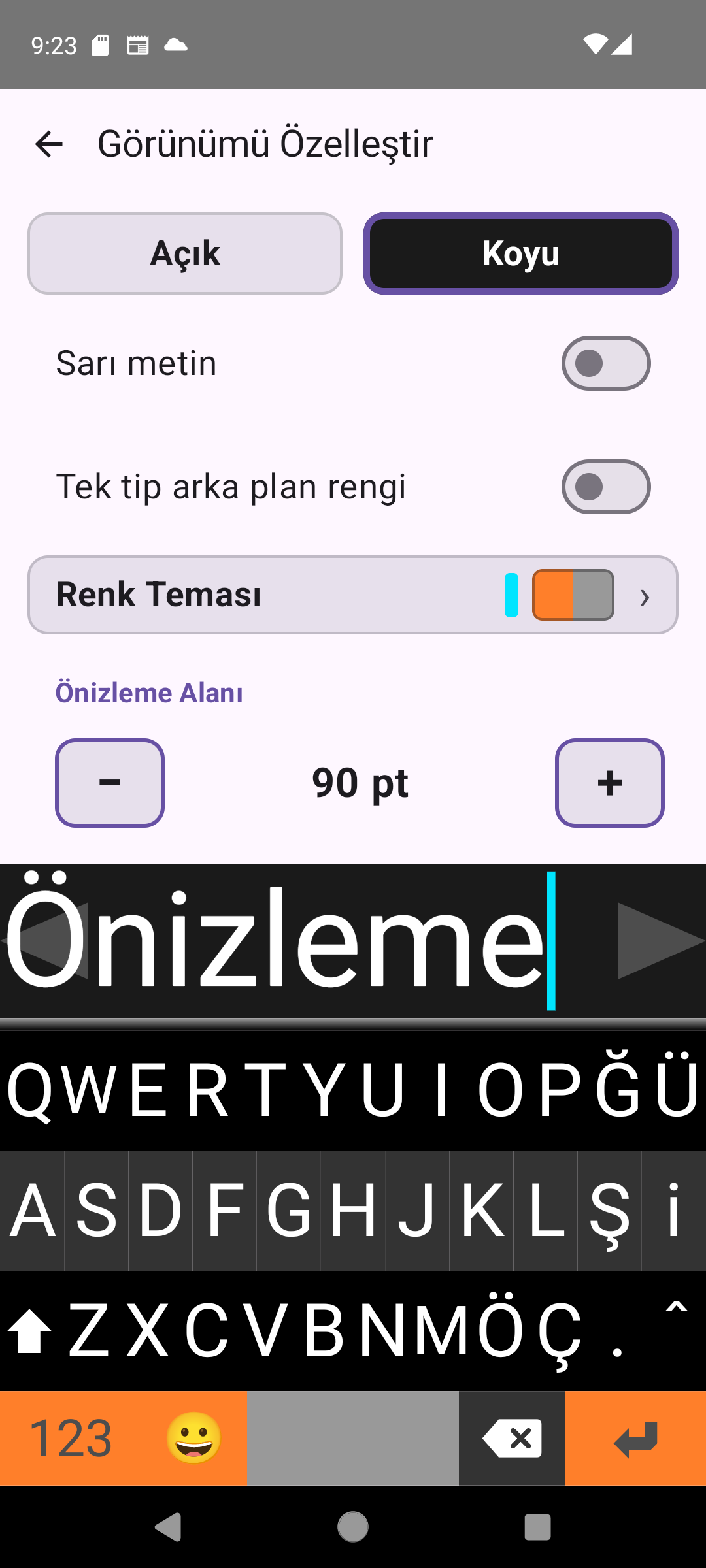 Tema, renk ve yazı boyutu denetimlerini içeren Viskey Görünüm ayarları ekranı